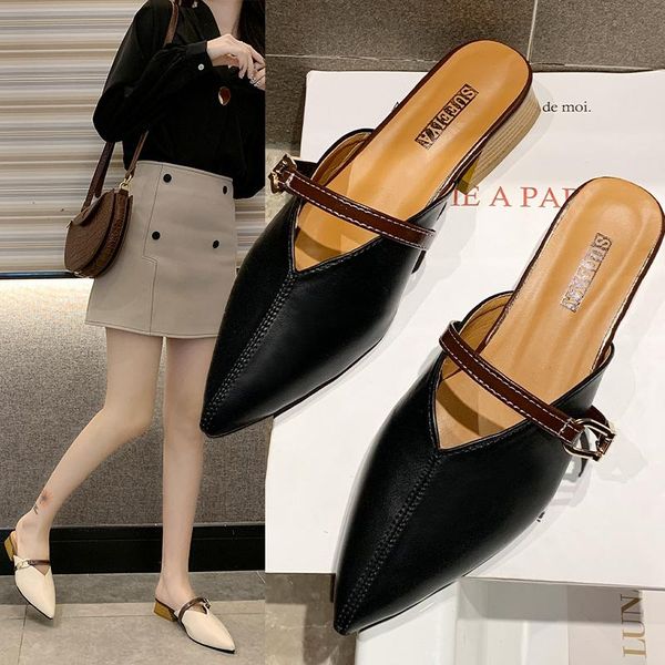 

slippers llogai shoes women ladies luxury slides low cover toe soft designer fashion basic square heel pu rubber woman, Black
