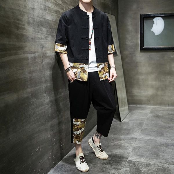 

men's tracksuits 2021 style cotton linen chinese tang suit young men retro casual disc buckle printing two-piece male, Gray