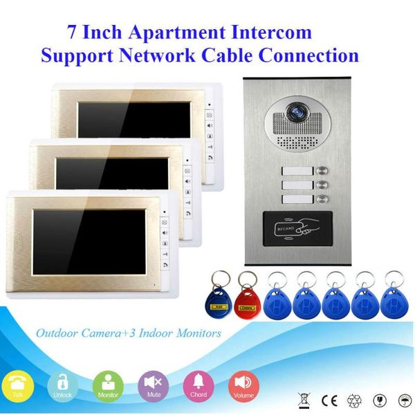 

video door phones home 7'' tft wired intercom doorbell system rfid camera with 2/3 monitor doorphone for multi apartment em key un