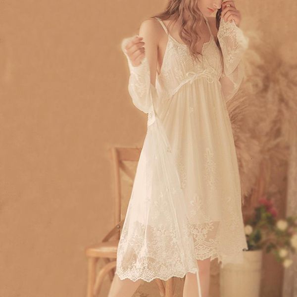 

2 pieces set women white lace elegant nightgowns nightdress sleepwear lolita spring summer palace style vintage dress bathrobes, Black;red