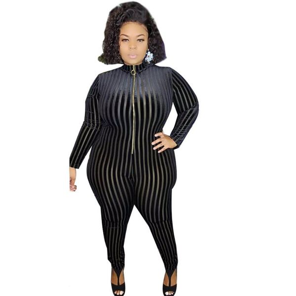 

women's jumpsuits & rompers plus size black bodysuit mesh striped jumpsuit bodycon bag hips nightclub wear wholesale drop, Black;white