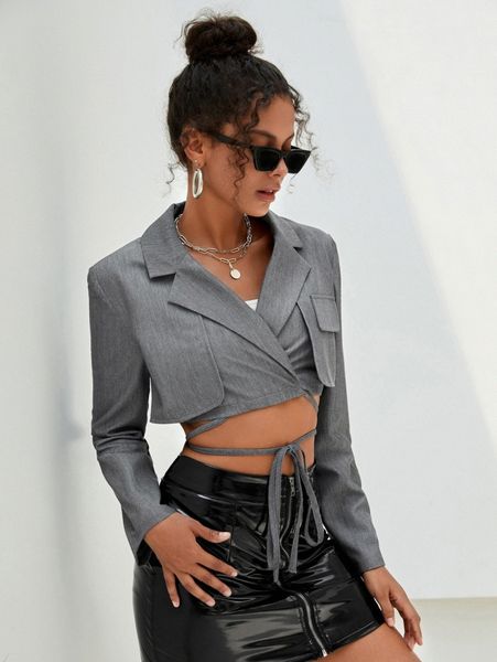 

lapel neck knot crop blazer l1pi#, White;black