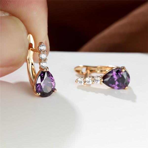 

hoop & huggie purple crystal water drop stone earrings dainty multicolor zircon boho gold color bride wedding for women, Golden;silver