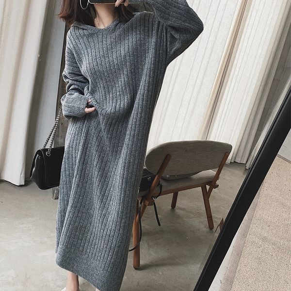 

2021 new women's autumn and winter solid color pullover sweater hooded thick skirt long sleeves warm over the knee knitted d1mr, Black;gray