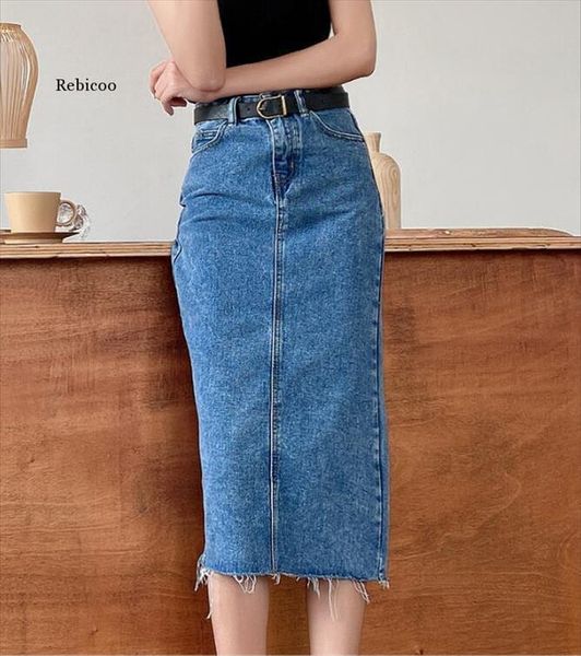 

high waist denim long arrivals women skirts blue sky tassel split casual jean for ladiesjupe longue femme, Black