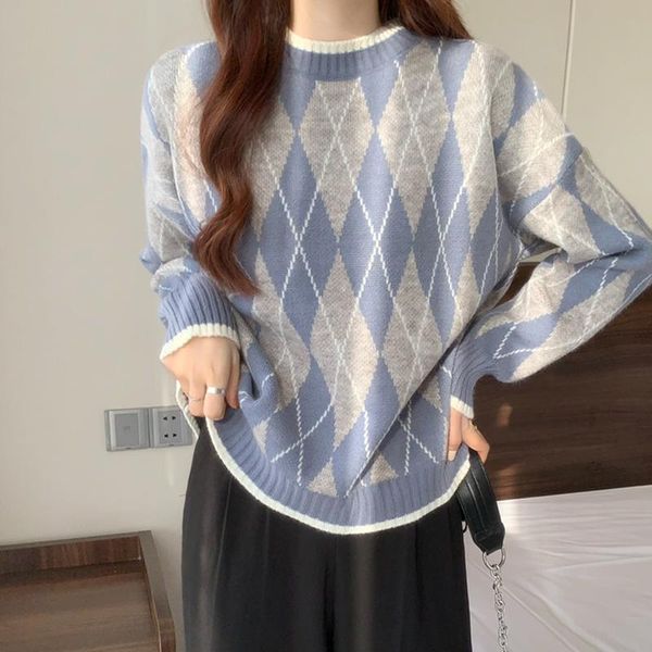

women's sweaters contrast lingge sweater spring and autumn 2021 loose outer wear lazy style top, White;black