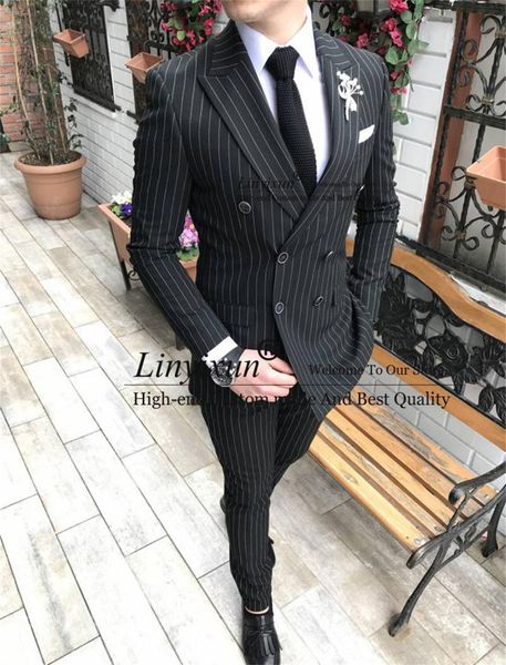 

men's suits & blazers classic striped mens formal slim fit double-breasted groomsmen tuxedos for weddding 2 pieces jacket pant male bla, White;black