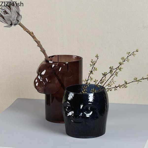

transparent glass vases bear head statue desk decor ornaments flower insert painted glazed vase home decoration modern
