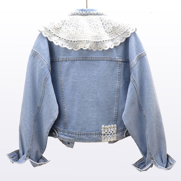 

2021 spring korean beading lace splice collar denim women chaqueta mujer loose long sleeve short jeans jacket coat female yqmz, Black;brown
