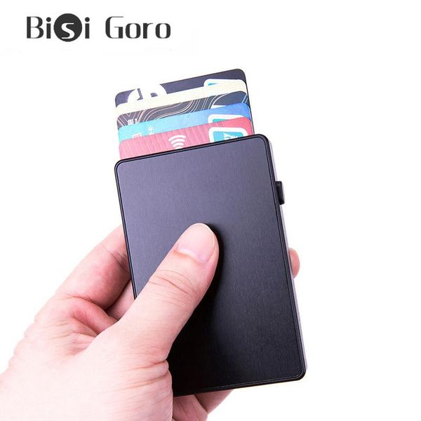 

wallets bisi goro name card case anti-theft aluminum single box smart wallet slim rfid fashion clutch -up push button holde, Red;black
