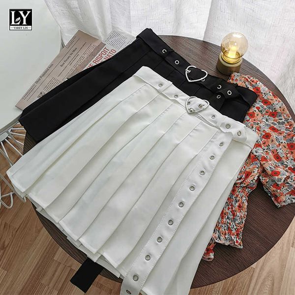 

ly varey lin summer women sweet solid color white high waist mini skirts office lady casual slim a-line pleated 210526, Black