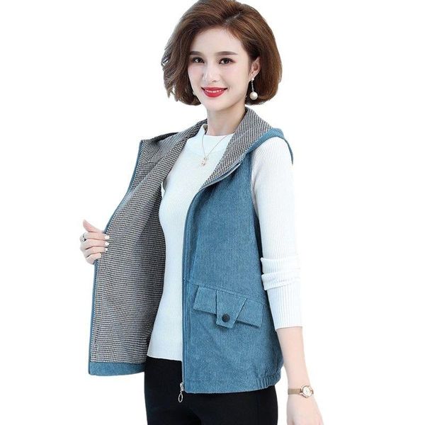 

women's vests hooded 5xl plus size for women corduroy sleeveless spring autumn waistcoat solid wild casual mom short jacket, Black;white
