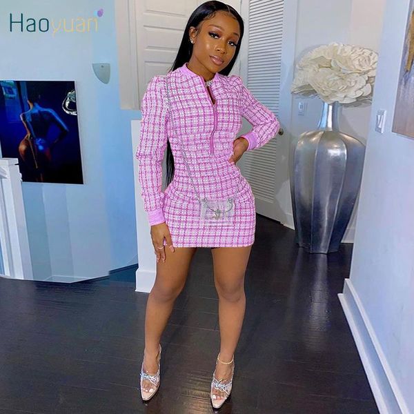 

casual dresses haoyuan plaid mini dress for women fashion streetwear long sleeve zip clothing fall winter club outfits ladies, Black;gray