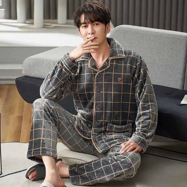 

men's sleepwear flannel pajama sets men winter pajamas thick warm lounge set fashion striped embroidery male pijama casual loungewear 3, Black;brown