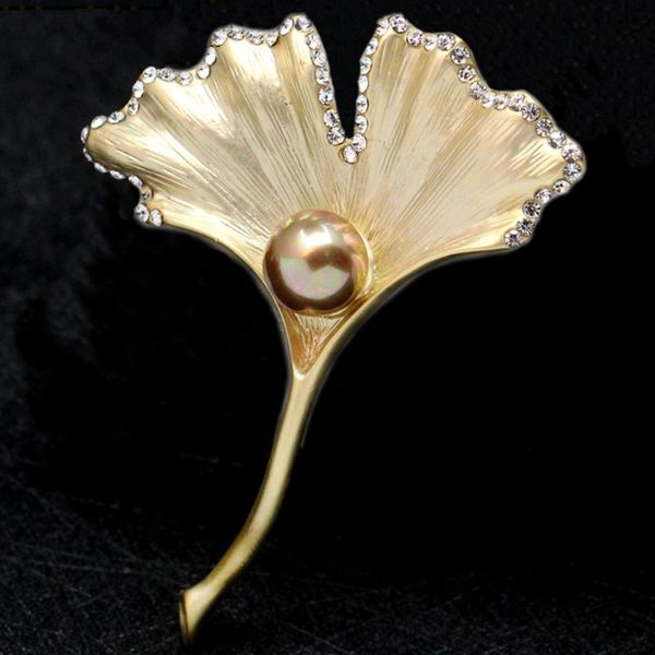 Pins, broches de alta qualidade senhora strass imitação pérolas broche ginkgo folha de dama de honra pinos presente de jóias xz094