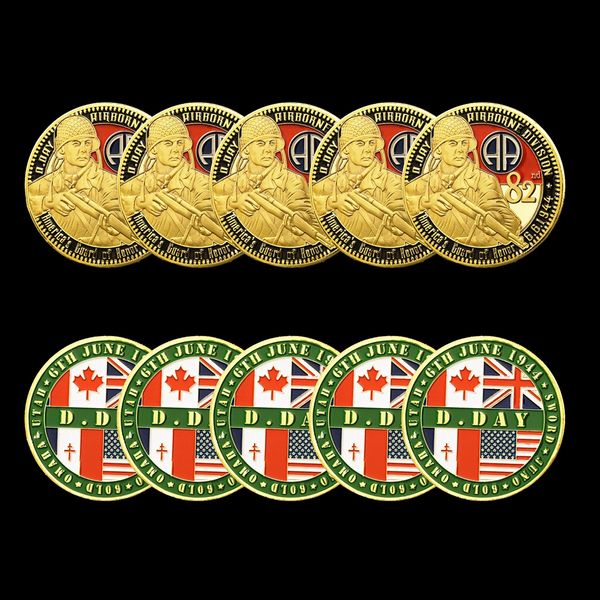 

5pcs non magneitc 1944.6.6 usa military craft 82nd airborne division gold plated challenge souvenir coin army collectible gifts medal