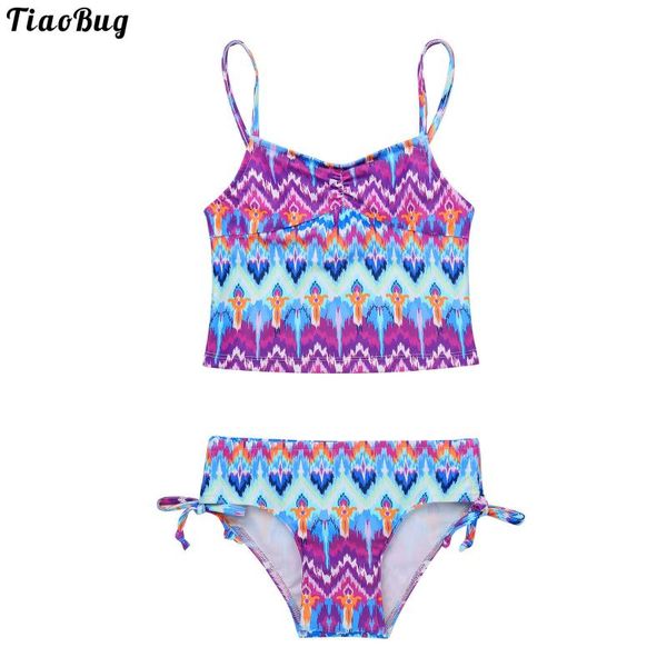 

one-pieces tiaobug summer kids girls 2pcs swimwear bathing suit set colorful print tank side drawstring bikini thong swimsuit, Black