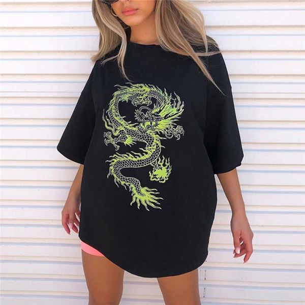 

women's t-shirt women dragon printed t shirt summer casual o neck half sleeves long female loose solid color streetwear 2021, White