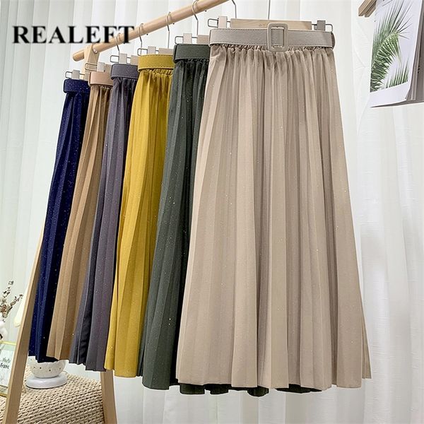 

realeft spring summer high waist women's pleated long skirts with belt new korean style elegant bling party skirts female 210315, Black