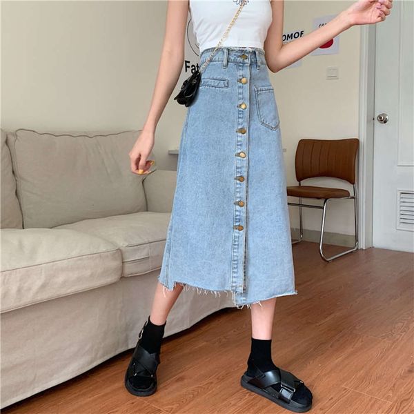 

2021 spring and summer new irregular denim women's single breasted high waist medium length slim a-line skirt, Black