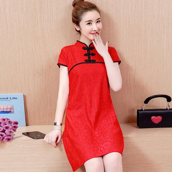 

ethnic clothing black red fashion improved qipao women 2021 summer short sleeve chinese dress traditional swing modern cheongsams