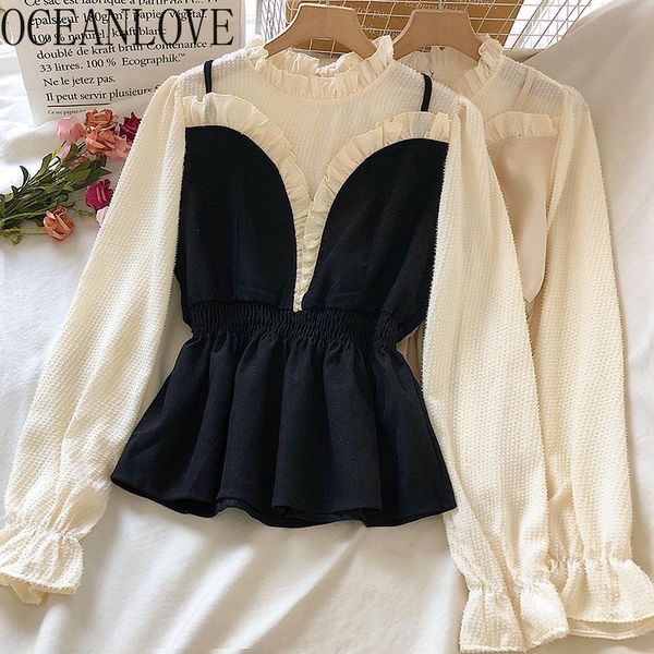 

women's blouses & shirts oceanlove fake 2 pcs women autumn patchwork sweet flare sleeve blusas feminina 2021 ins stand collar winter, White