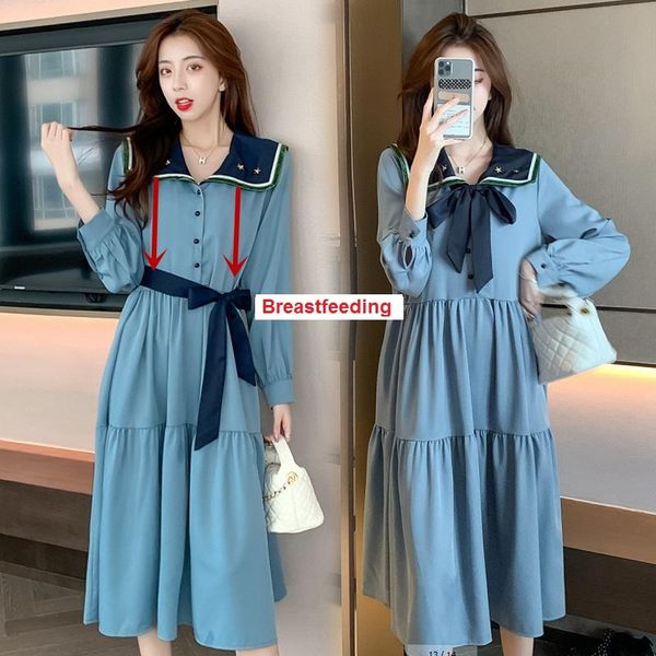 

maternity dresses women breastfeeding dress 2021 spring nursing elegant sweet fashion turn-down collar sashes long autumn, White