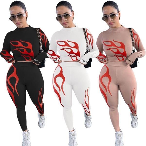 Lucky Label 2 Piece Set Mulheres Impressão de Fogo Crop Top Lenggins Skinny Outfits Tracksuit Correspondência Menina Atacado Dropshpping 211106