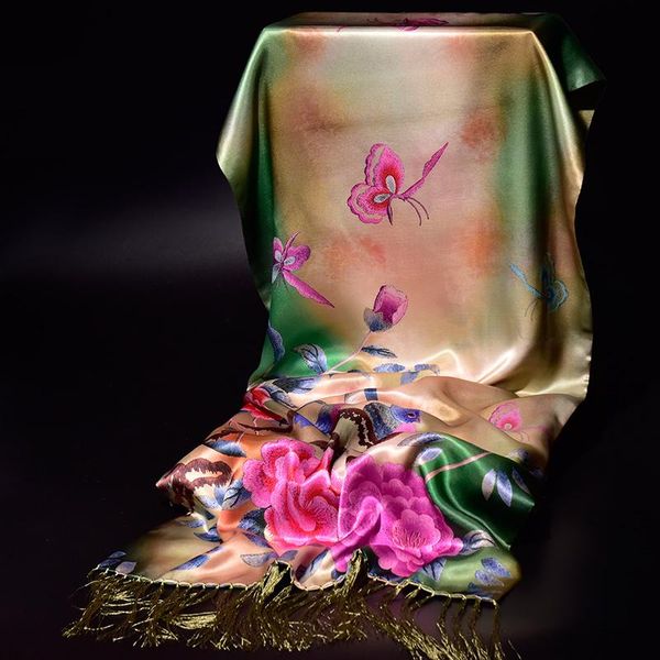 

scarves middle-aged mother paragraph scarf spring silkworm silk tassel cheongsam shawl outside during the and autumn, Blue;gray