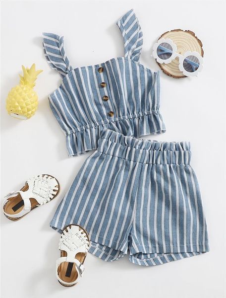 

summer 2 7y kids girls clothes suit striped square collar sleeveless pullover short pants casual outfit set, White