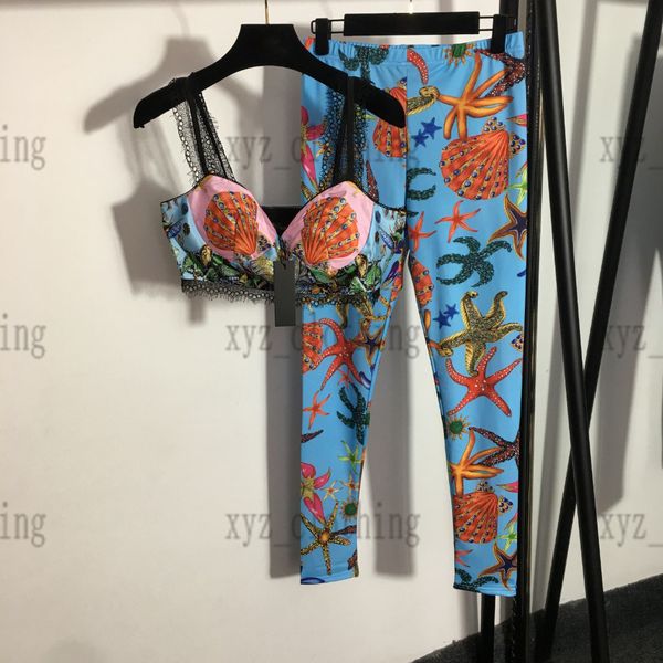 

fashion yoga clothing 2022 women dress sets vest long pants leggings set lace strapless starfish shell print slim fit leggings brand designe, White