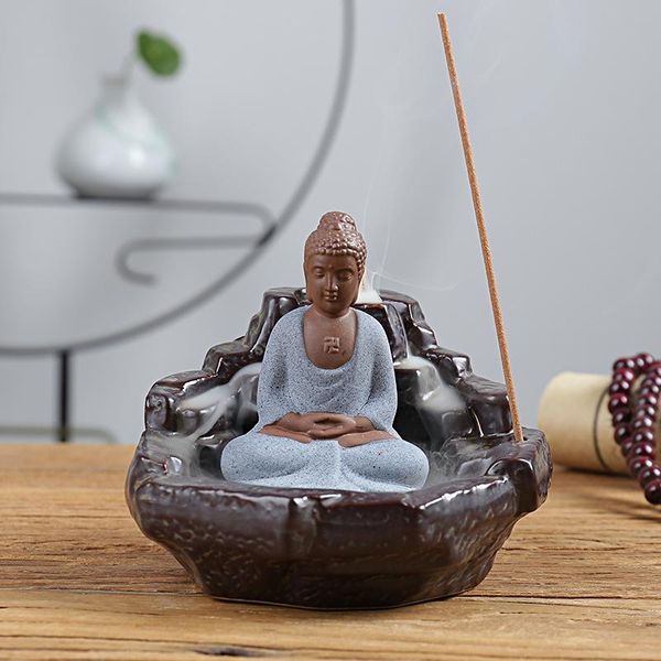 

sachet bags smoke backflow incense burner ceramic little monk buddha stick holder home decor buddhist censer + 10pcs cones
