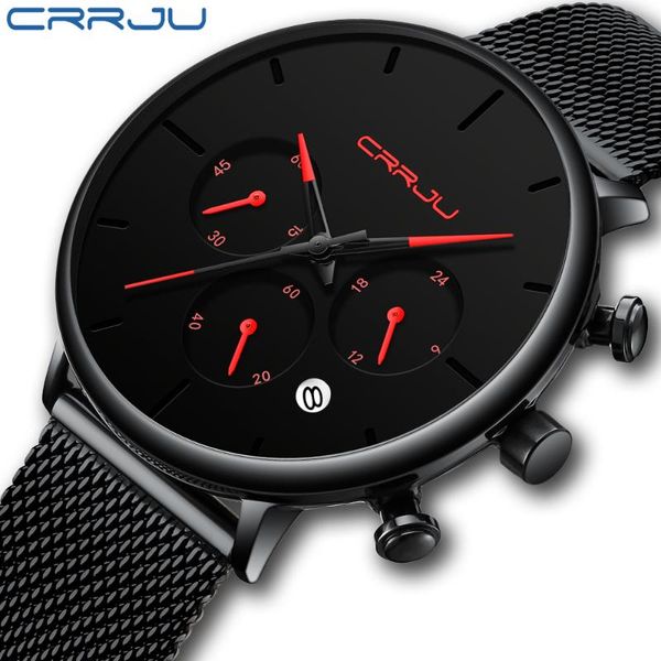 

wristwatches crrju brand men watches chronograph quartz watch stainless steel waterproof sports clock business reloj hombre, Slivery;brown