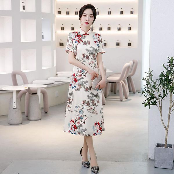 

ethnic clothing fzslcyiyi floral printed satin short sleeve a-line qipao chinese traditional mandarin collar cheongsam dress oversize 3, Red