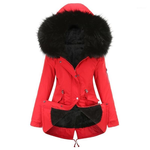 

women's down & parkas weihao 2021 winter solid artificial fur collar cotton jackets ladys hooded long sleeve pocket coats, Black