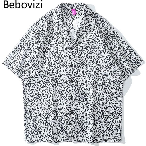 

men's casual shirts bebovizi hipster white leopard print short sleeve hawaiian men summer hip hop streetwear shirt 2021, White;black