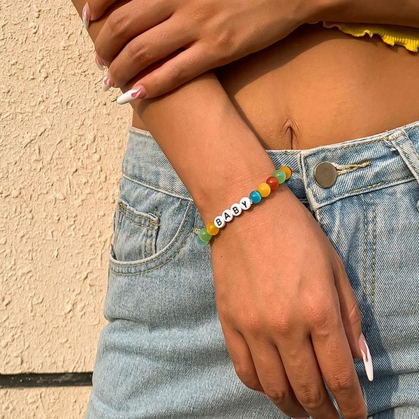 

beaded, strands bohemian ethnic style baby letter mixed color gradient acrylic opal beaded round bead bracelet women's wrist jewelry gi, Black