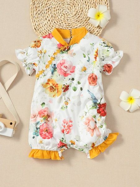 

baby floral print ruffle trim romper she02, Blue