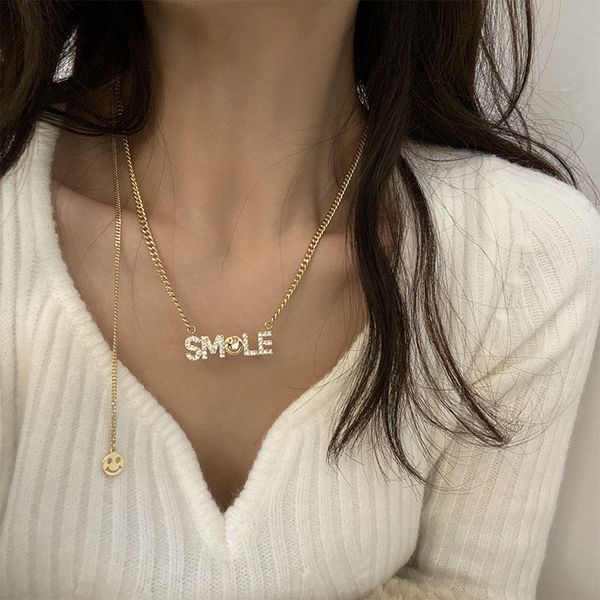 

amulet pendants korean diamond inlaid english alphabet smile necklace fashion indifference temperament clavicle chain net red women's s, Golden;silver