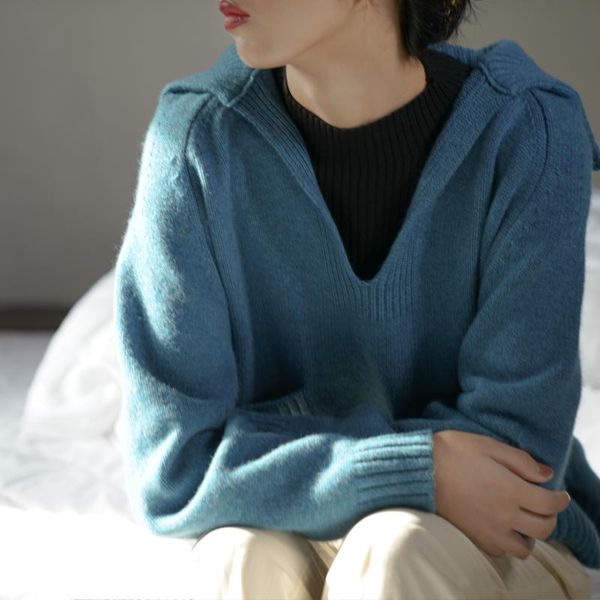 

sweater women fall winter french retro lazy v-neck large lapel loose 100% wool knit pullover cashmere sweater outer wear, White;black