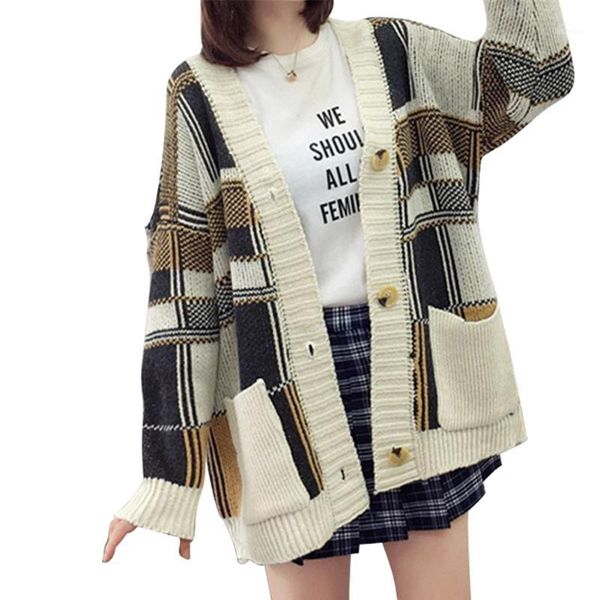 

new winter coats womens cardigan sweaters color grid button blouse loose long sleeve casual female coats do991, Black