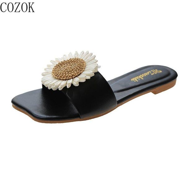

casual women's slippers fashion all-match vamp flower modification trend outer wear small fresh women slippers 2021, Black