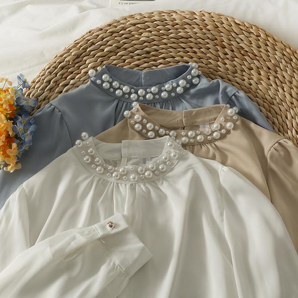 

women's blouses & shirts 2021 beaded round neck loose slimming thin mid-length autumn clothing western style all-matching long sleeve, White