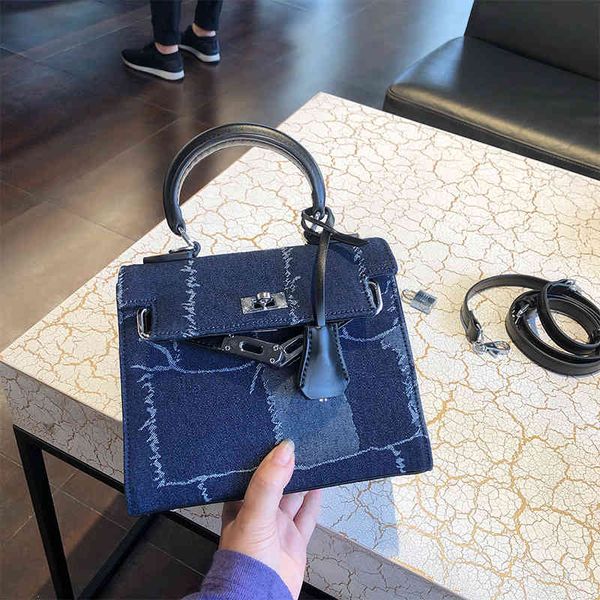 

women 2021 new fashionable denim stitching kelly ins net red same portable shoulder bag