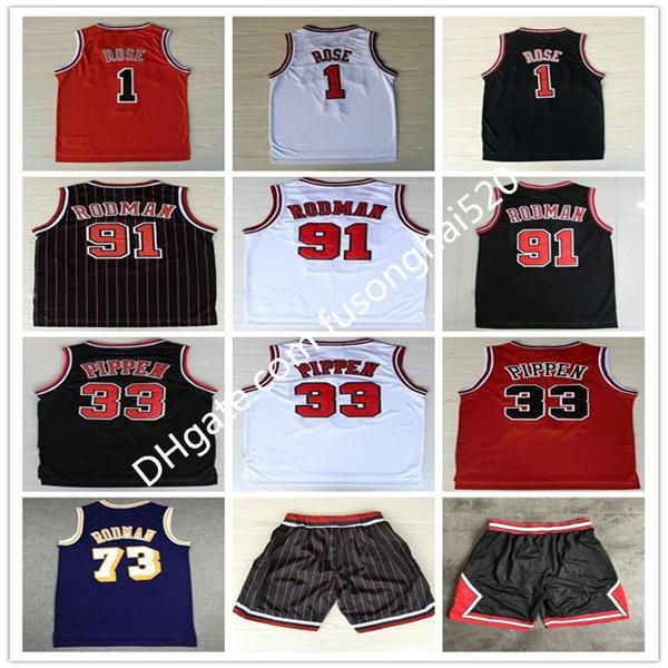 

mens sports shirts embroidery 1# derrick rose shorts red the worm 91# dennis rodman red white black 33# scottie pippen jersey stitched, Black;red