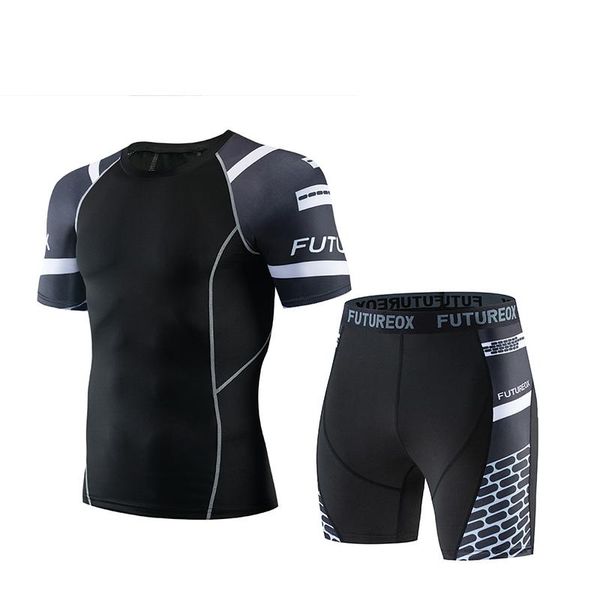 

men's tracksuits fitness compression shirt t-shirt short-sleeved + five-point shorts sportswear gym clothing mma busos, Gray