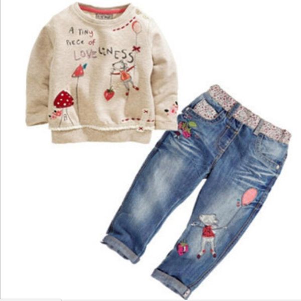 

2021 spring autumn fashion kids baby girl designer clothes set embroidered long sleeve shirt + jean pants rabbit balloon print outfit, White