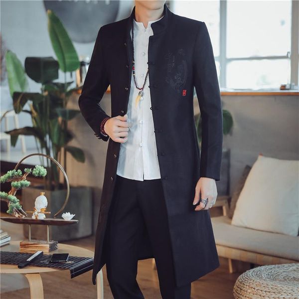

men's wool & blends 2021 mens trench coat jackets autumn winter chinese style embroidery woolen coats long windbreaker steetwear outwea, Black