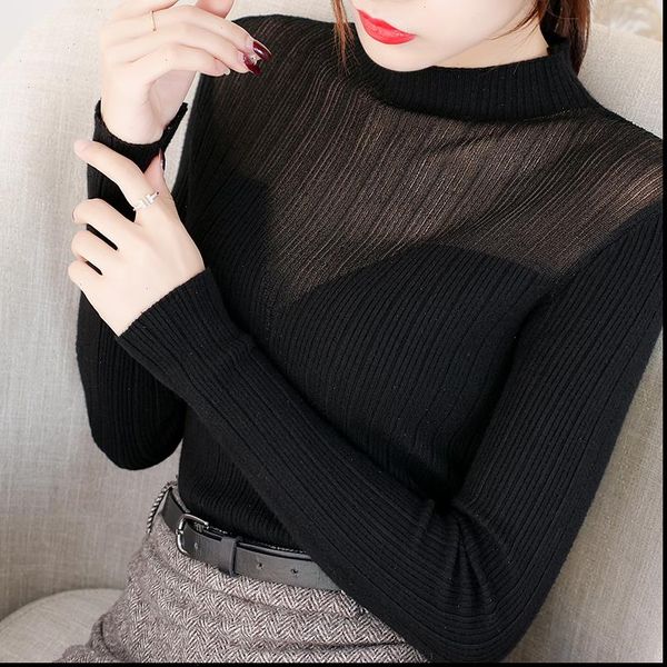 

turtleneck sweater womens autumn winter slim mesh korean pullover jumper knitted sweater pull femme hiver truien green, White;black
