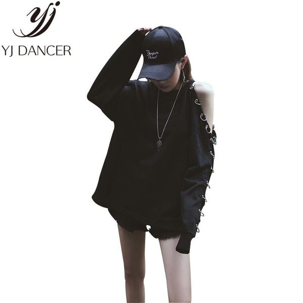 

women's hoodies & sweatshirts 2021 spring sweatshirt female trend lazy style punk hip hop street lady coat metal ring strapless hoodie, Black
